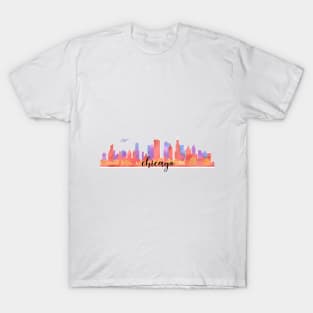 Color Chicago City Skyline Watercolour Multilayer With Aircraft/Flight/Aeroplane/Airplane/Plane T-Shirt